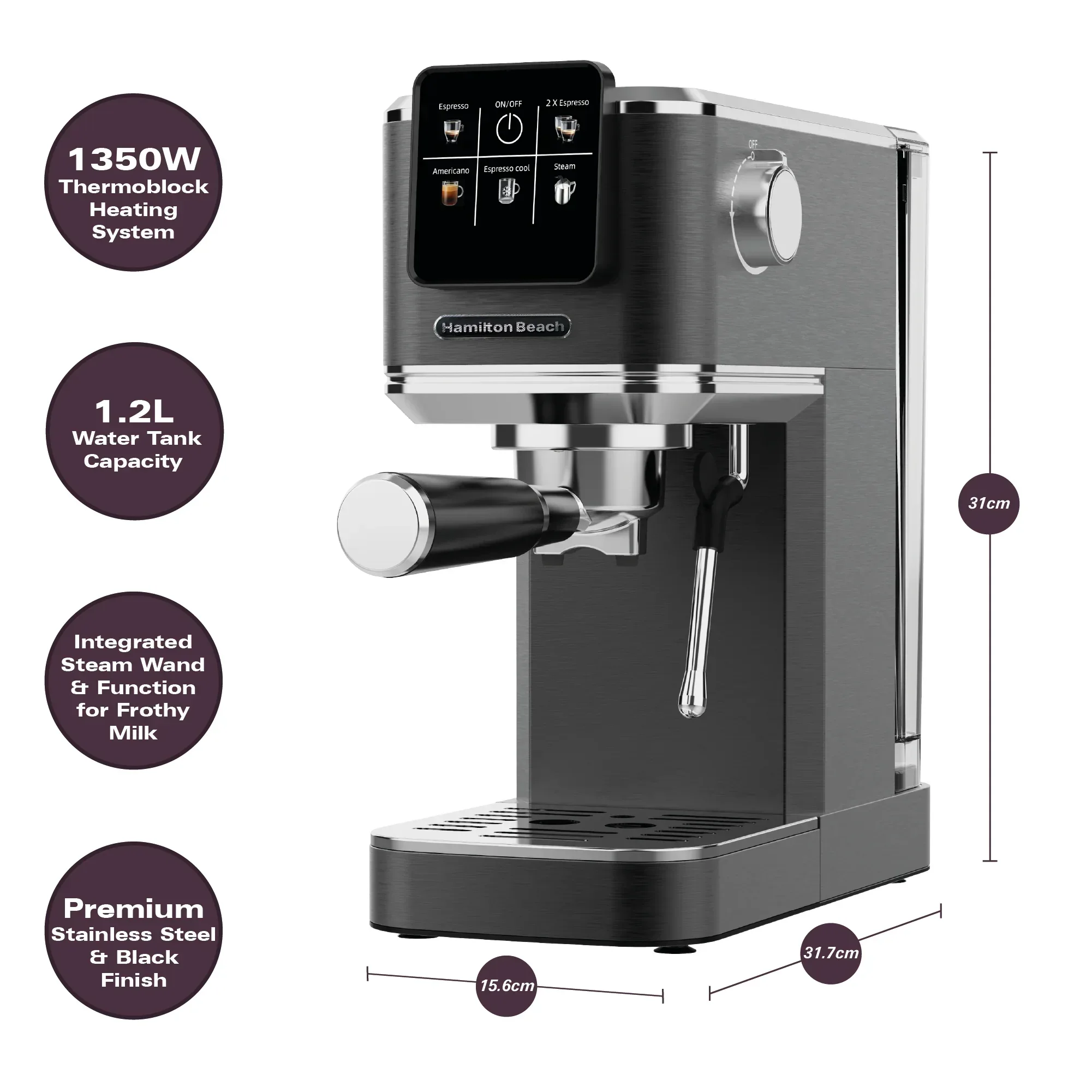 Hamilton Beach BaristaPro Touch 5-in-1 Espresso Machine Black - Image 4