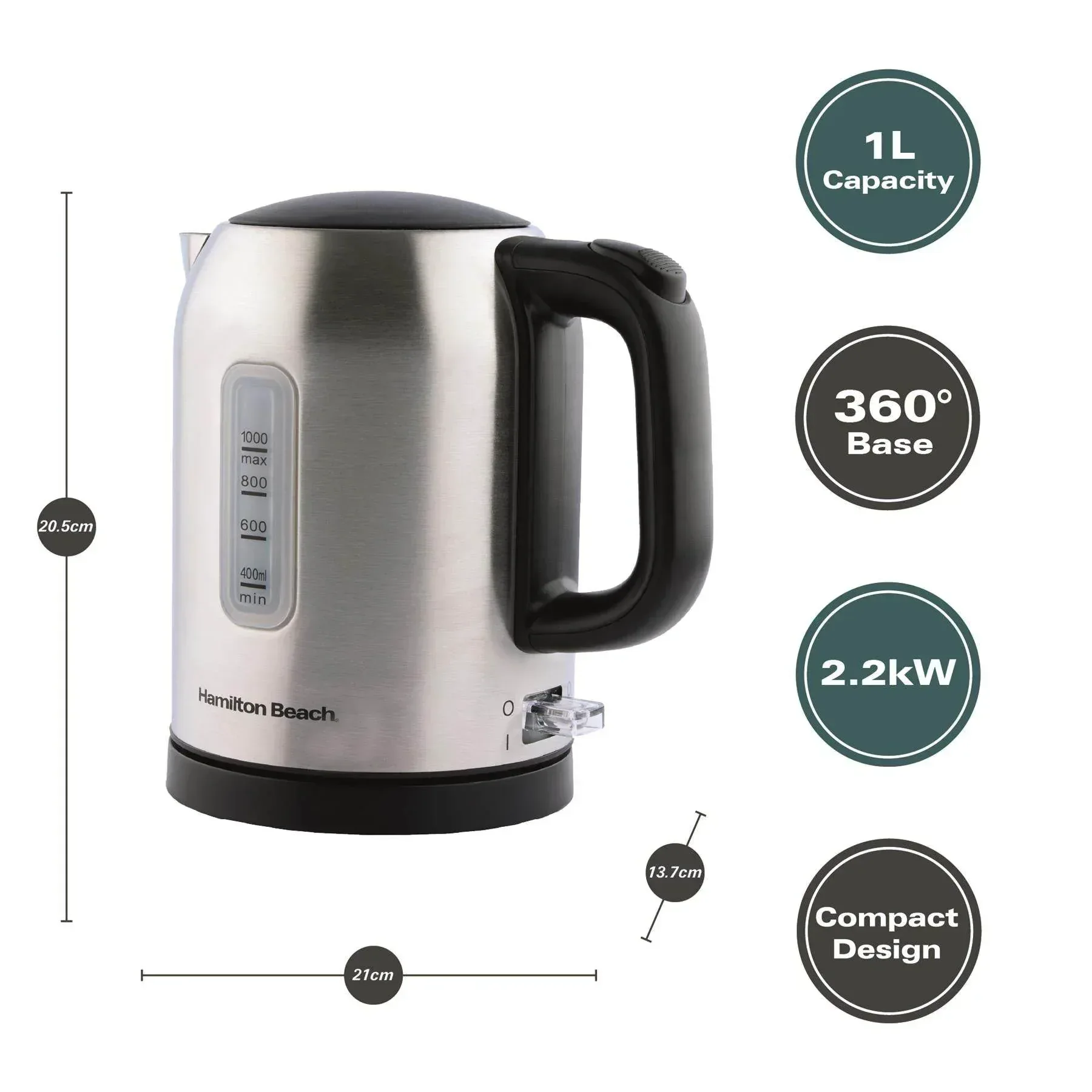 Hamilton Beach Compact 1L Kettle - Brushed Stainless Steel - Image 3