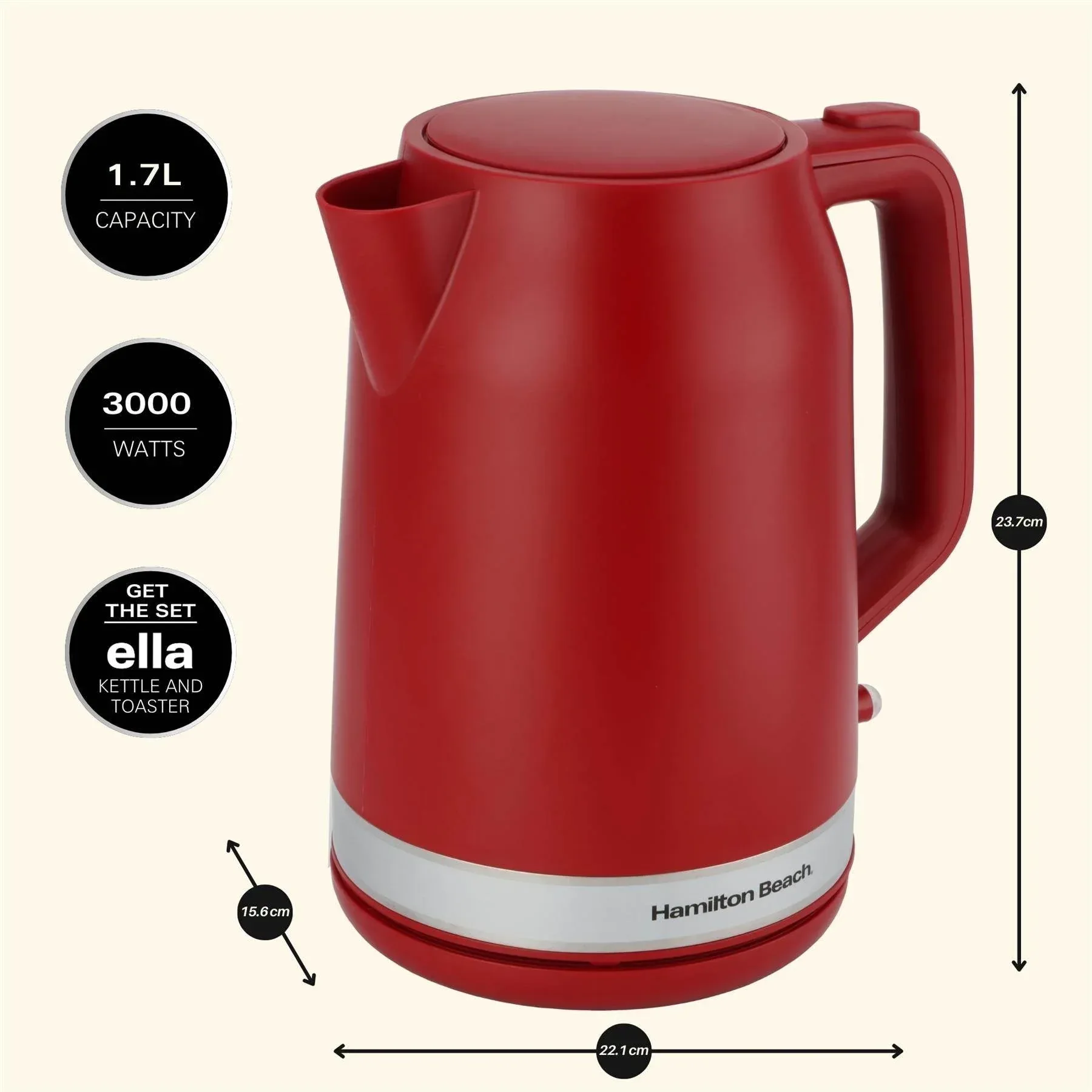Hamilton Beach Ella 1.7L Kettle - Matte Red - Image 4