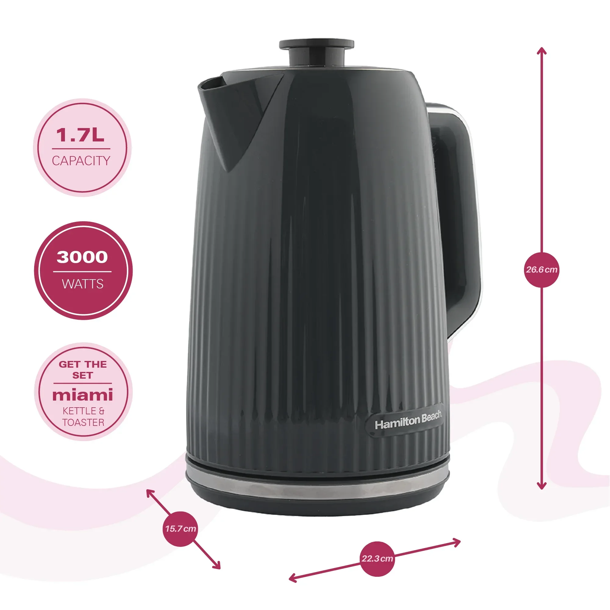 Hamilton Beach Miami 1.7L Kettle Charcoal Grey - Image 4