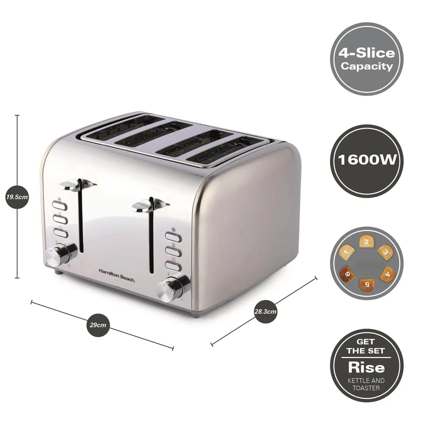 Hamilton Beach Rise Stainless Steel 4 Slice Toaster - Brushed & Polished - Image 3