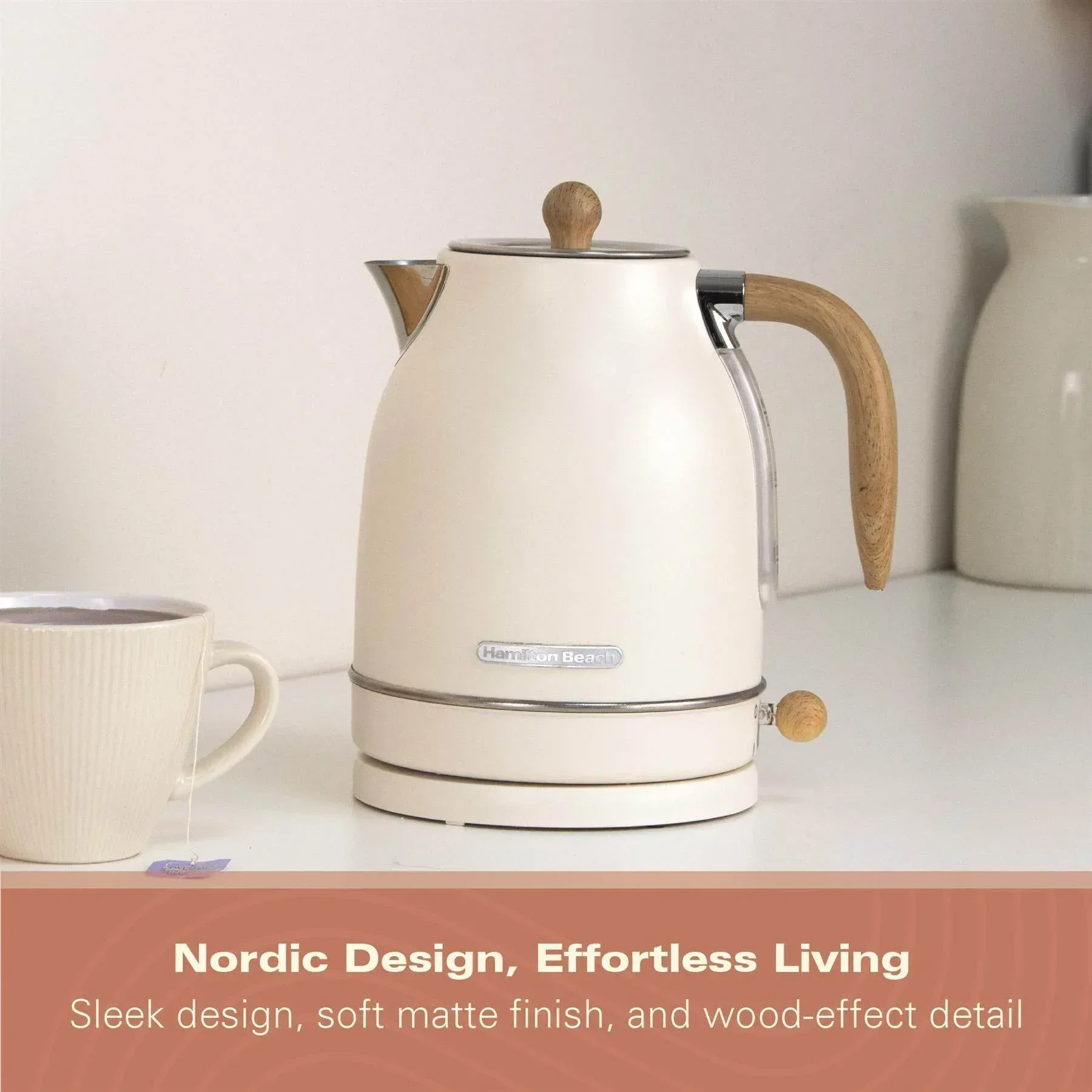 Hamilton Beach Scandi 1.7L Jug Kettle - Matte Cream with Wood Effect - Image 5
