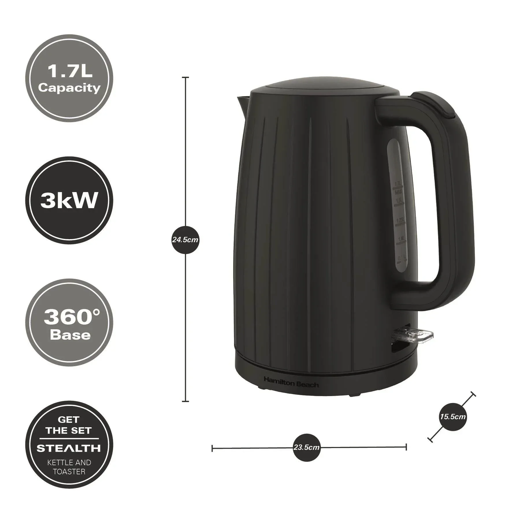Hamilton Beach Stealth 1.7L Textured Kettle - Matte Black - Image 5